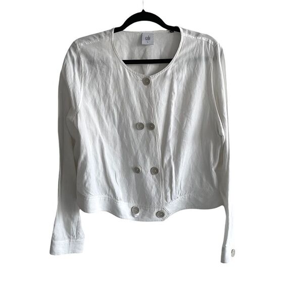 CABI Cream Linen Blend Double Breasted Long Sleeve Jacket Blazer Cream Ivory L